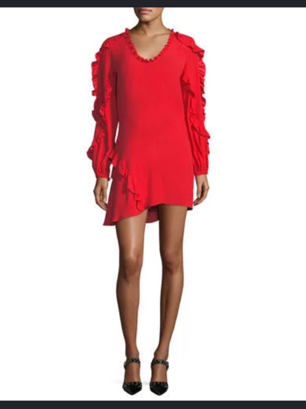 Alexis Ceretti Scoop Neck Long Sleeve Red Ruffle Mini Dress Viscose Crepe‎ Large